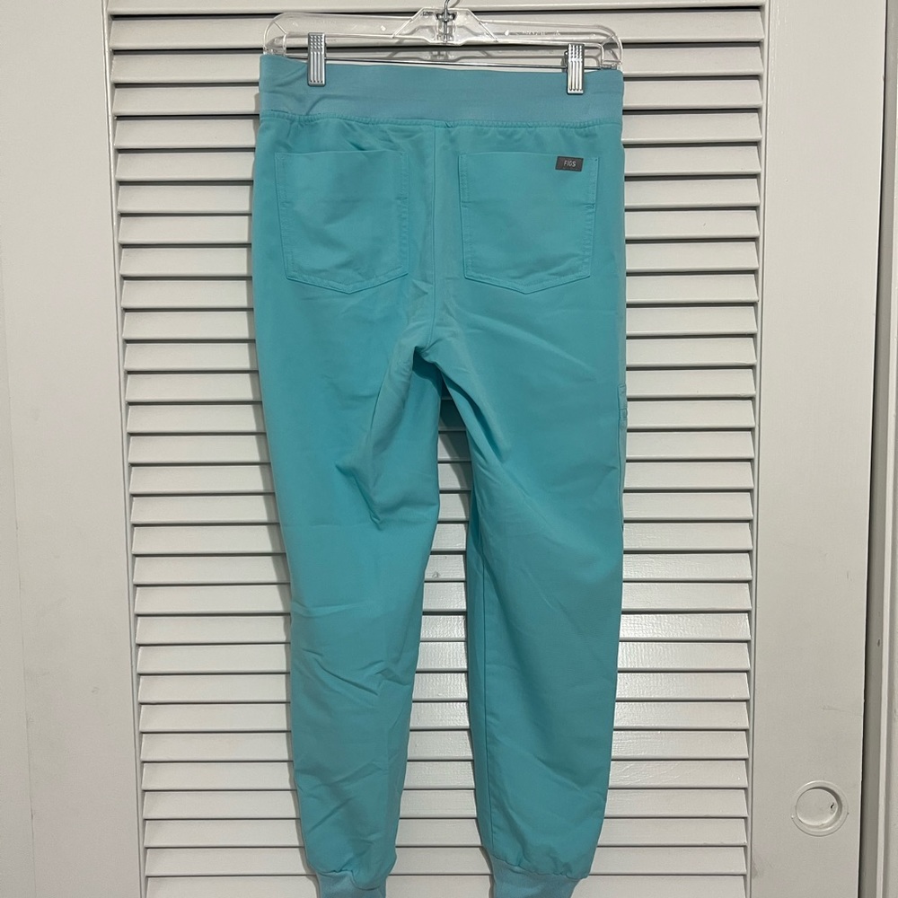 FIGS jogger scrub pants, Teal with pink tie